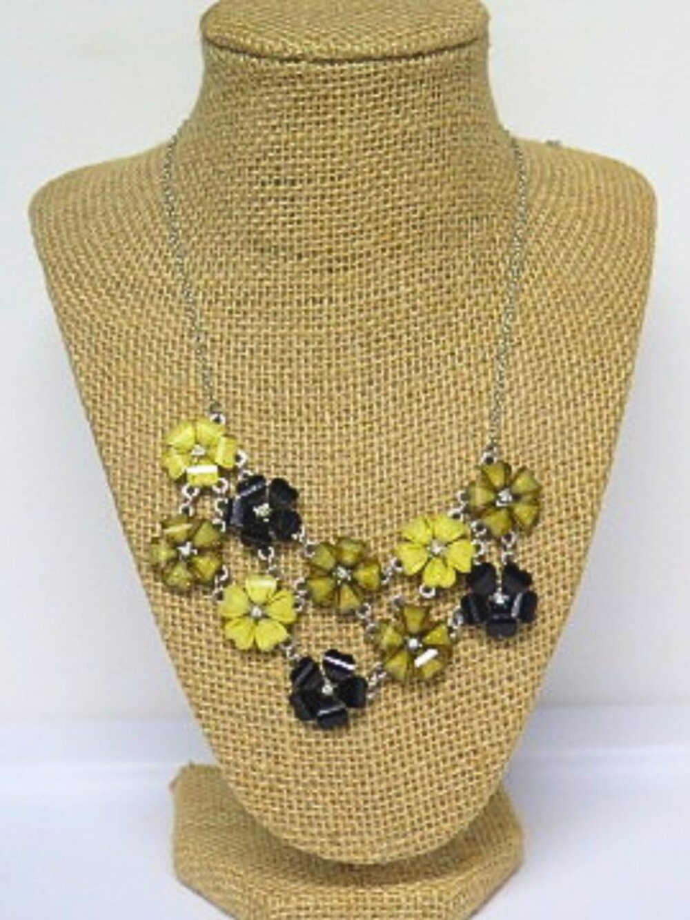 Yellow Black Floral Statement Necklace Silver Tone Layered Flower Bib Necklace